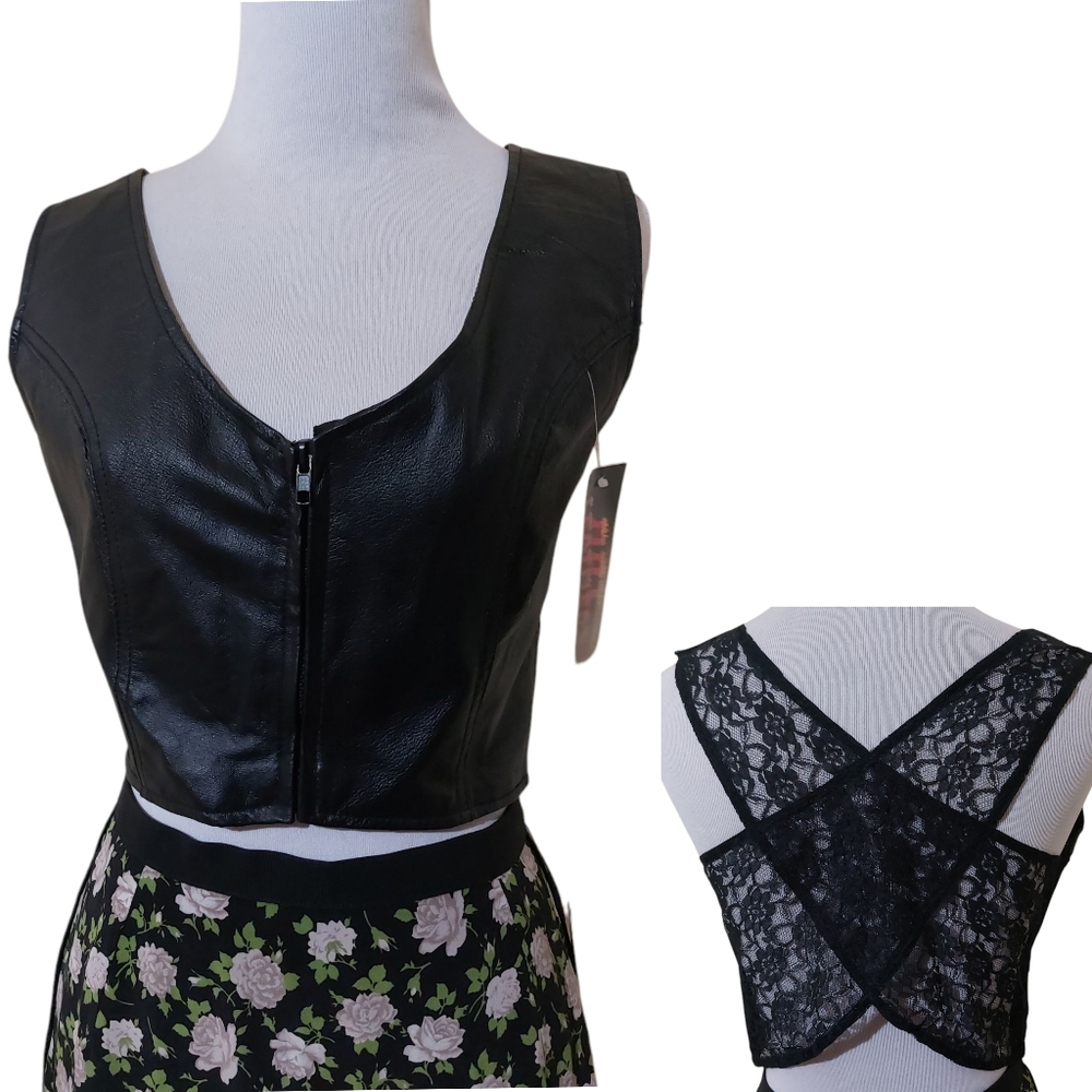 Hot Leathers Black 100% Leather Crop Top Bikers Vest with Criss Cross Lace Back